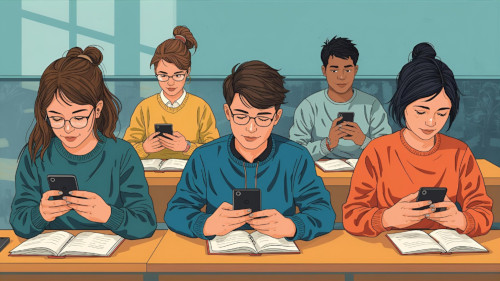 Schüler beim arbeiten mit Schulbuch und Handy