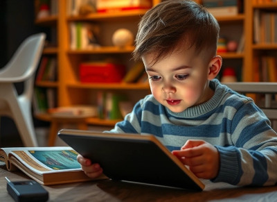 Kind liest in einem E-Book