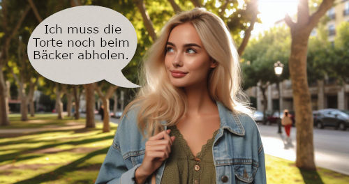 Frau, die daran denkt, die Torte beim Bäcker abzuholen