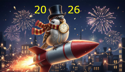 Spatz sitzt auf einer Silvesterrakete