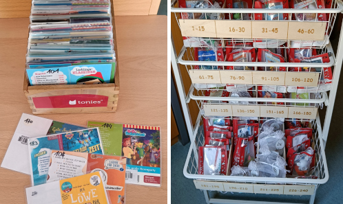 Holzbox mit Kärtchen und ausziehbares Korbregal für Tonies in der Bücherei Haiming