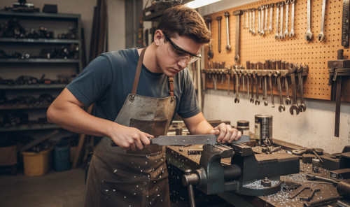 Schlosserlehrling beim Feilen