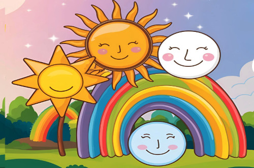 Sonne, Mond, Sterne und Regen