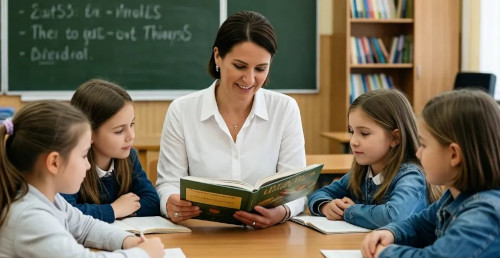 lehrerin und schülerinnen beim vorlesen